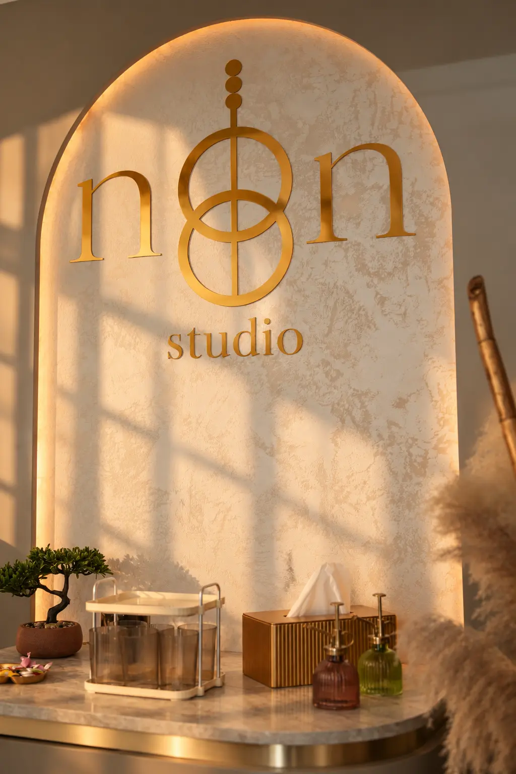Zlaté logo NOON STUDIO na recepcii