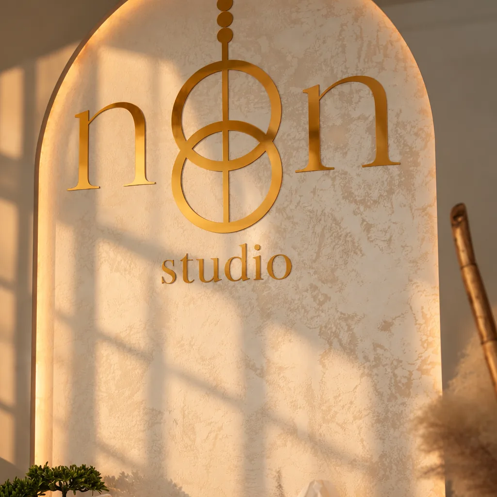 Logo NOON STUDIO na stene pri recepcii
